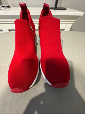 Women's DKNY Palma Red Wedge Sneakers with Gold and Zipper Accents US 10